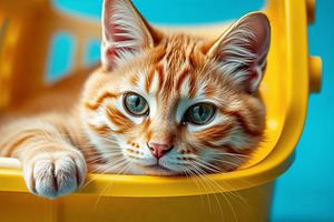 orange cat in yellow carrier box, an Animal Photo by Bunny's Little Shop