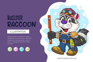 Cartoon Raccoon Builder. T-Shirt.