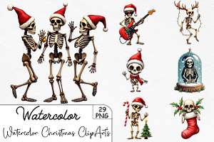 Watercolor Christmas Skeleton ClipAr, an Illustration by CrexoraLab