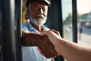 An elderly Black male bus driver shakes hands with a young White man, showcasin, a Business Photo by ImageMir