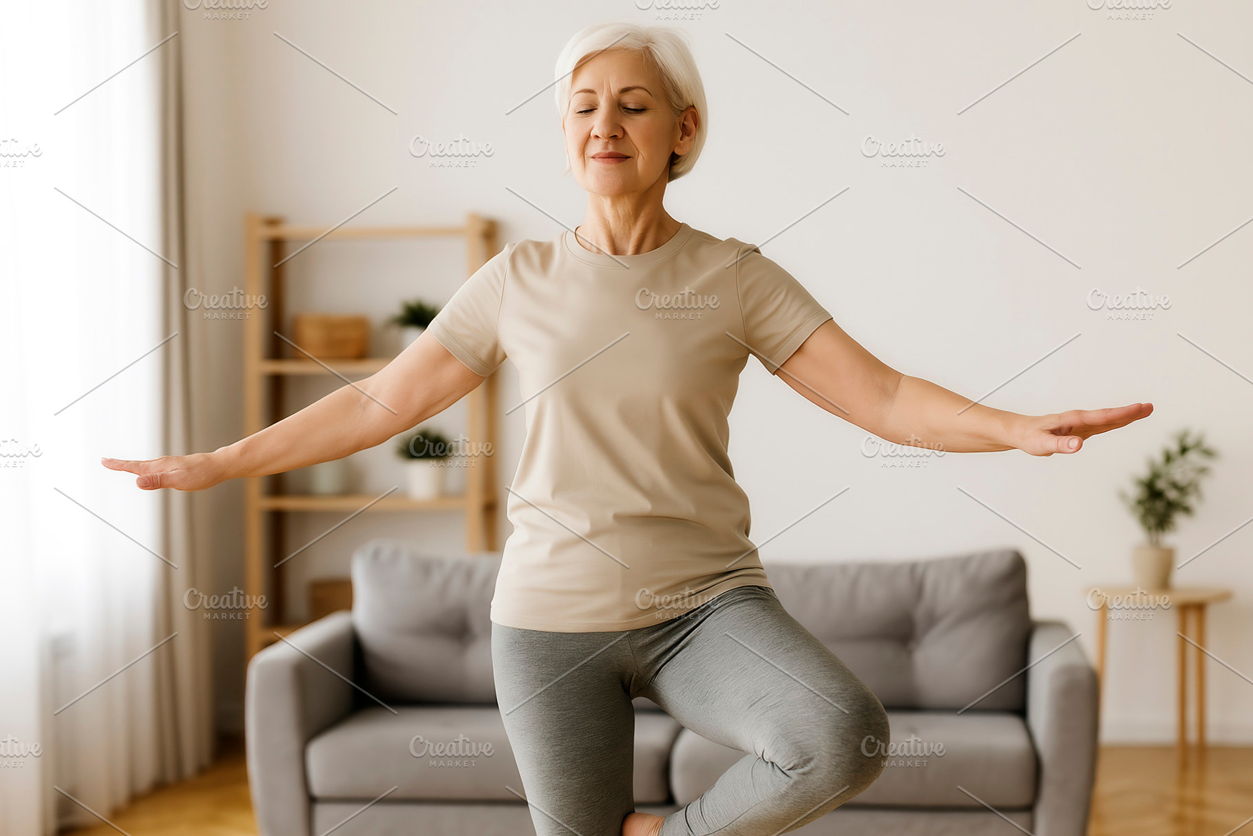 Senior woman practicing balance, a Photo by rarrarorro