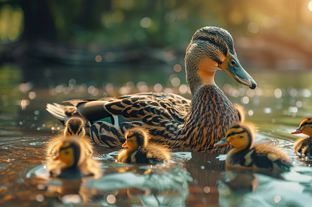 Duck and ducklings swimming into the pond, an Animal Photo by AlyaAnd