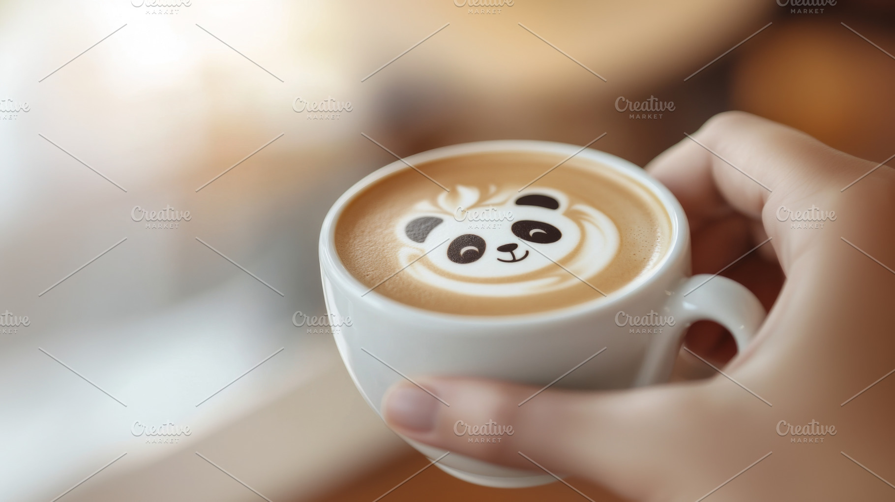 Cup of latte art with panda design i, a Photo by Dvoevnore photos