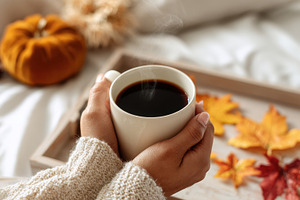 Cozy fall morning, coffee  leaves, a Photo by Beautiful things