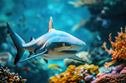 Big blue shark swims in clean water near coral reefs, an Animal Photo by AlyaAnd