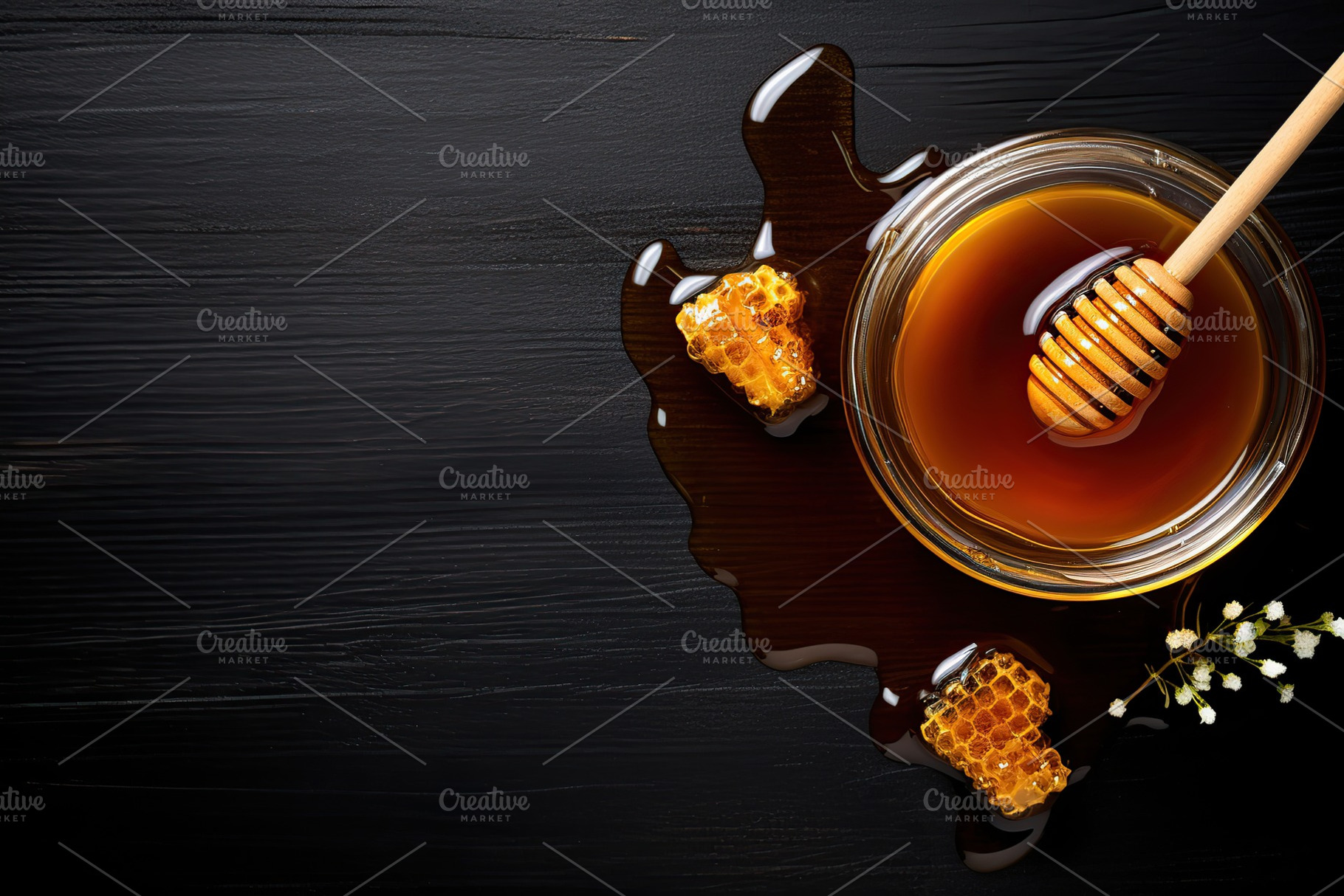 Honey in glass jar on wooden background, a Food & Drink Photo by AlyaAnd