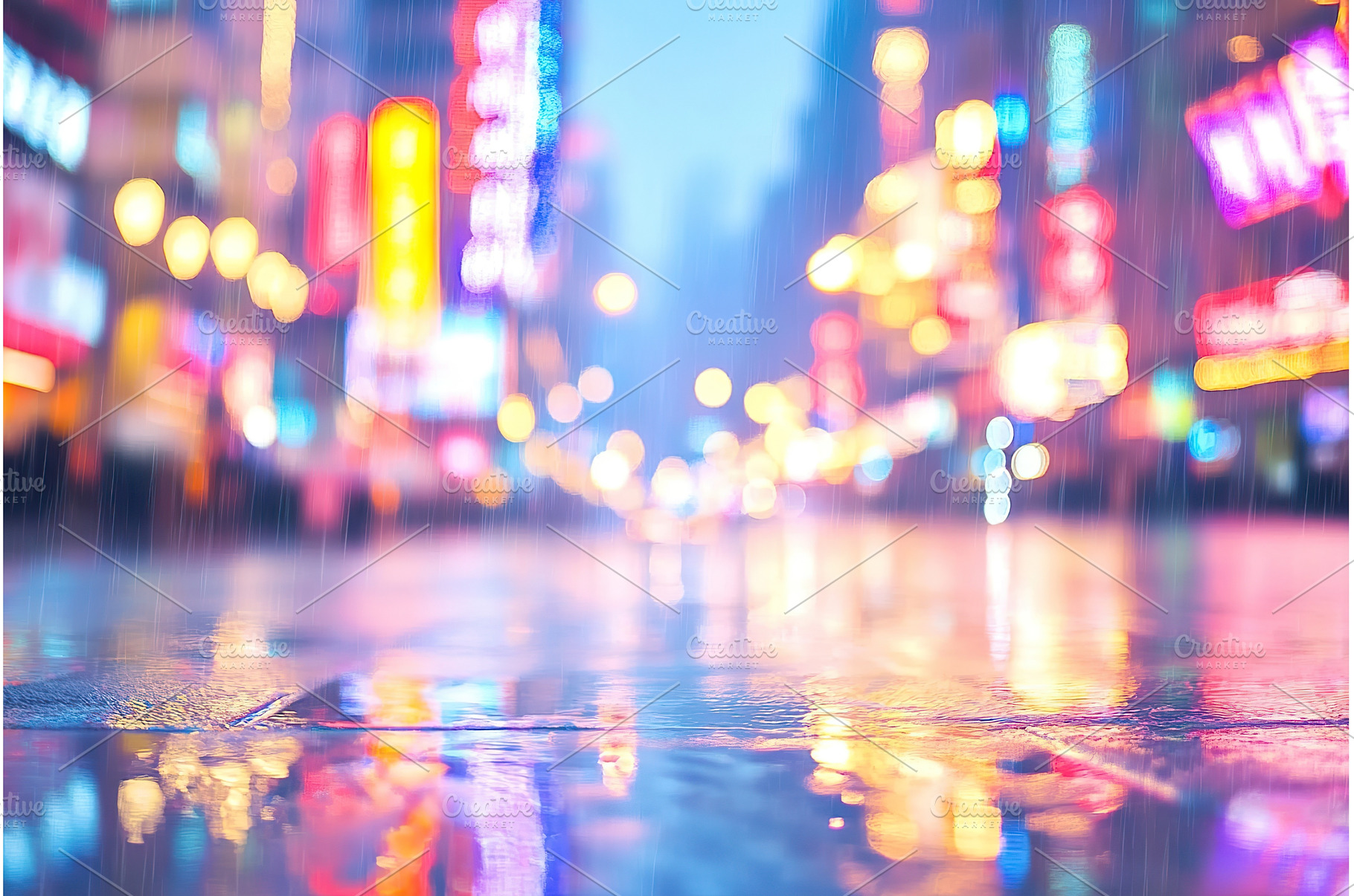 City street lights reflect on wet, a Transportation Photo by Lermont51