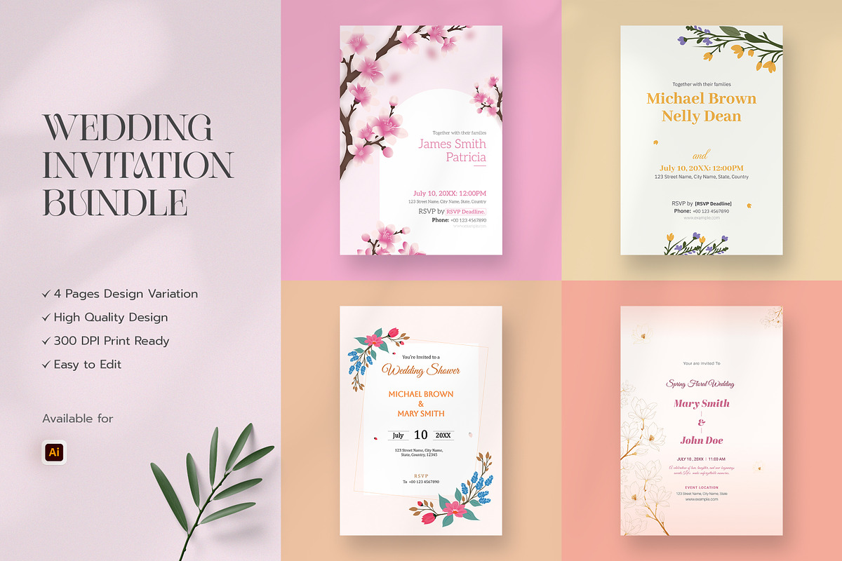 Romantic Wedding Invitation Bundle, an Invitation Template by graphypix (Photo 1 of 6)