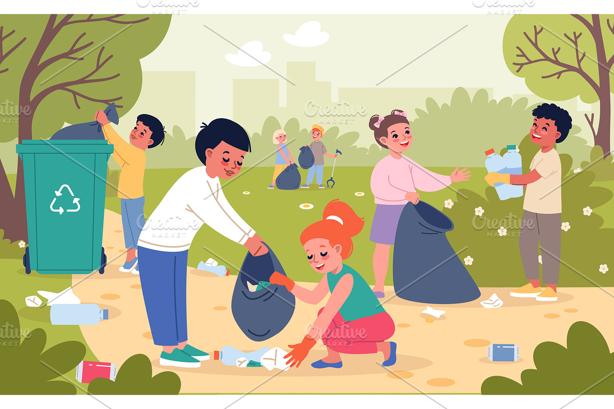 Cute kids collect garbage. Children, an Illustration by YummyBuum