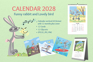 2028 Kids Calendar Rabbit & Bird
