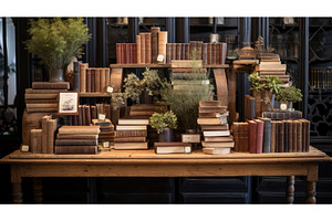 books wood display ai generated, an Arts & Entertainment Photo by pikepicture