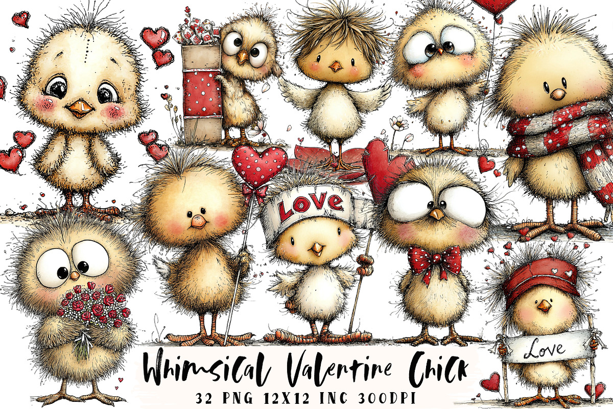 Whimsical Valentine Chick Clipart, an Illustration by OK Design (Photo 1 of 6)