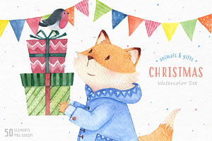 Christmas watercolor animals & gifts