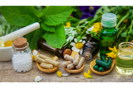 Homeopathy herbs and medicine pills, a Health & Medical Photo by yanadjana