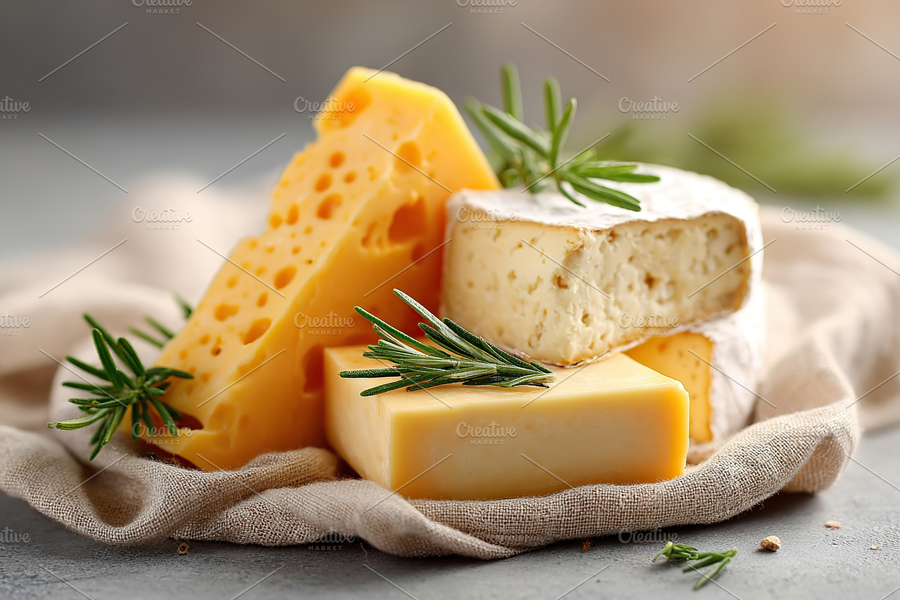 Cheeses displayed elegantly on a rustic cloth with fresh rosemary accents in a, a Food & Drink Photo by AlyaAnd