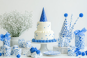 Celebration cake display with blue d, a Photo by Tanuart