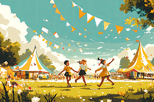 Children enjoying outdoors at a colorful festival surrounded by vibrant tents, an Illustration by AS photostudio