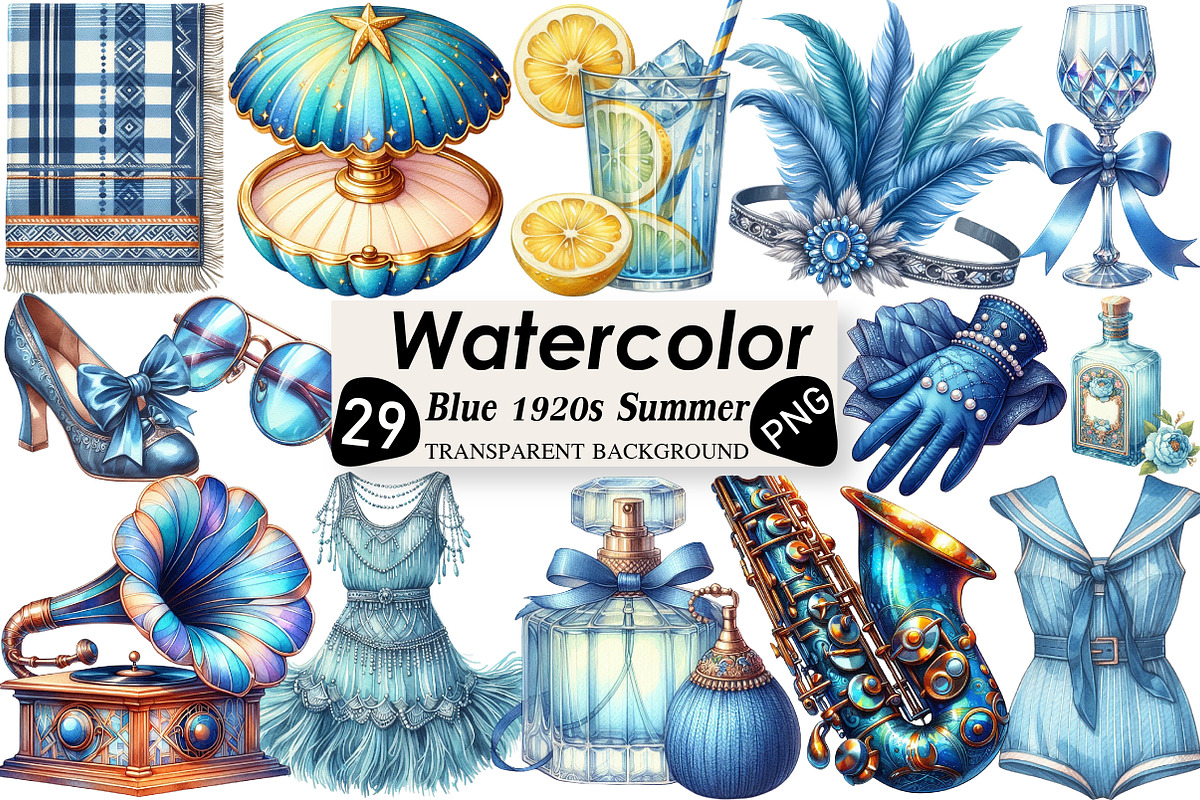 Watercolor Blue 1920s Summer Clipart, an Illustration by Black Bird Studio (Photo 1 of 6)