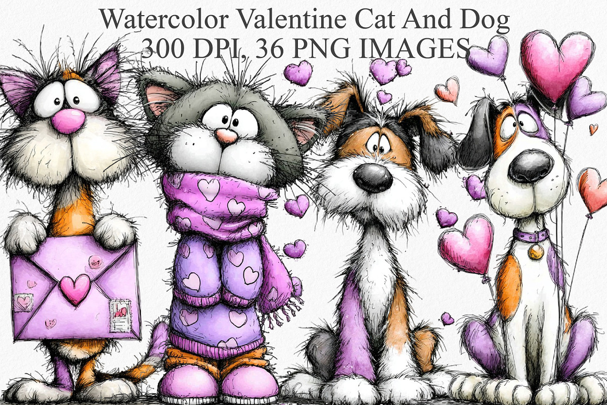 Watercolor Valentine Cat And Dog, an Illustration by Canvas Craft (Photo 1 of 6)