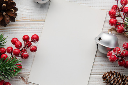 Christmas background with fir tree and decor. Top view with copy, a Holiday Photo by Olena Rudo