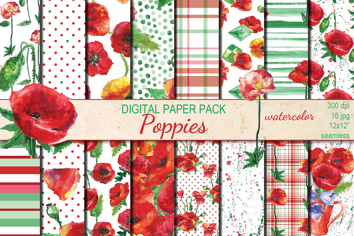 Watercolor Poppies patterns, a Pattern Graphic by DollyPotterson (Photo 1 of 6)