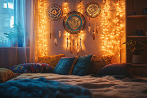 Cozy bedroom with dream catchers fai, a Background Photo by Pixeness Studio