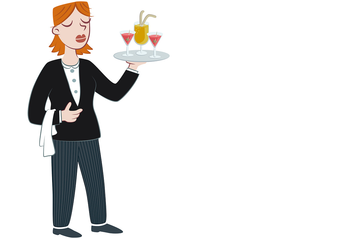 Young waitress holding tray of drink, an Illustration by javi.ruiz