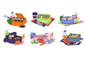 Vector set of lunchbox with meal, a Food Illustration by Elegant Solution
