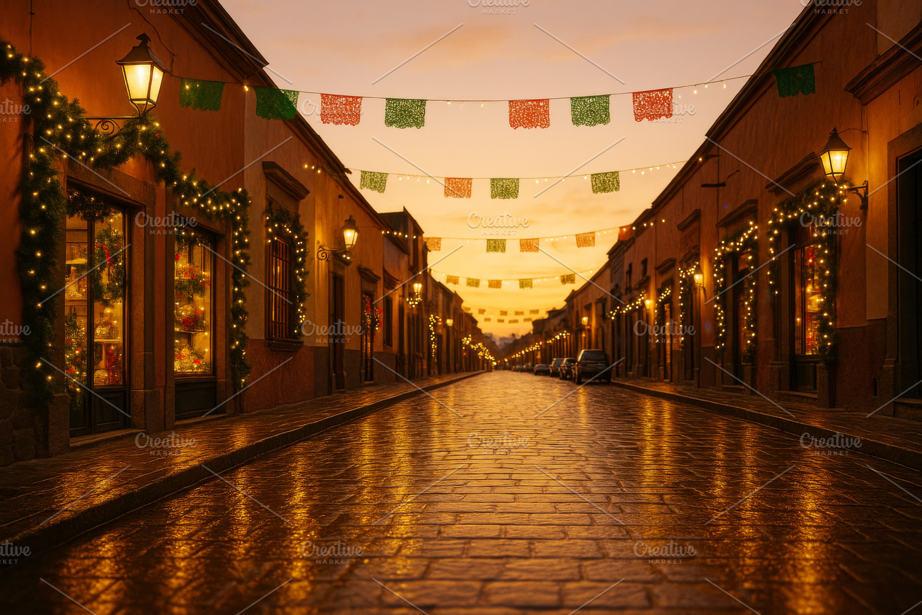 Christmas mexican street with festive lights and colorful flags, a Photo by Dvoevnore photos