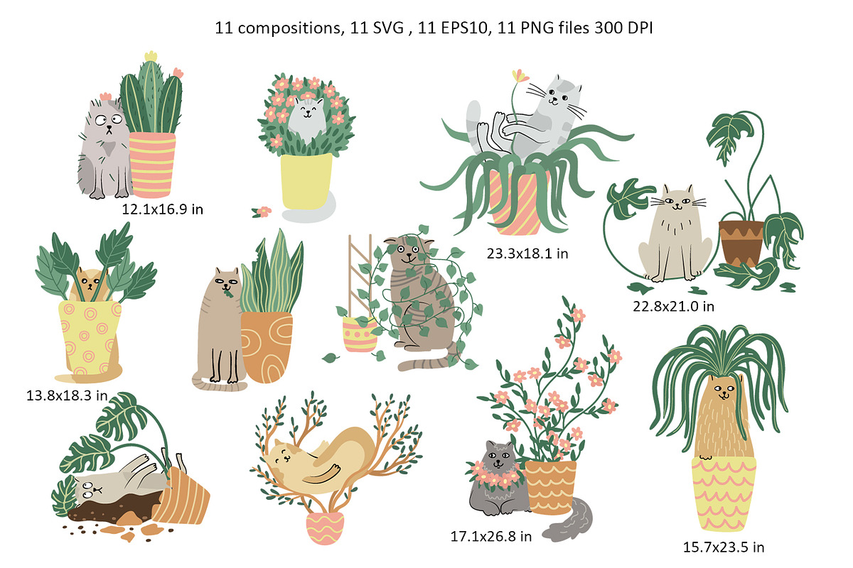Cats and Plants Clipart and Patterns, an Animal Illustration by Anna Druzhkova (Photo 4 of 23)