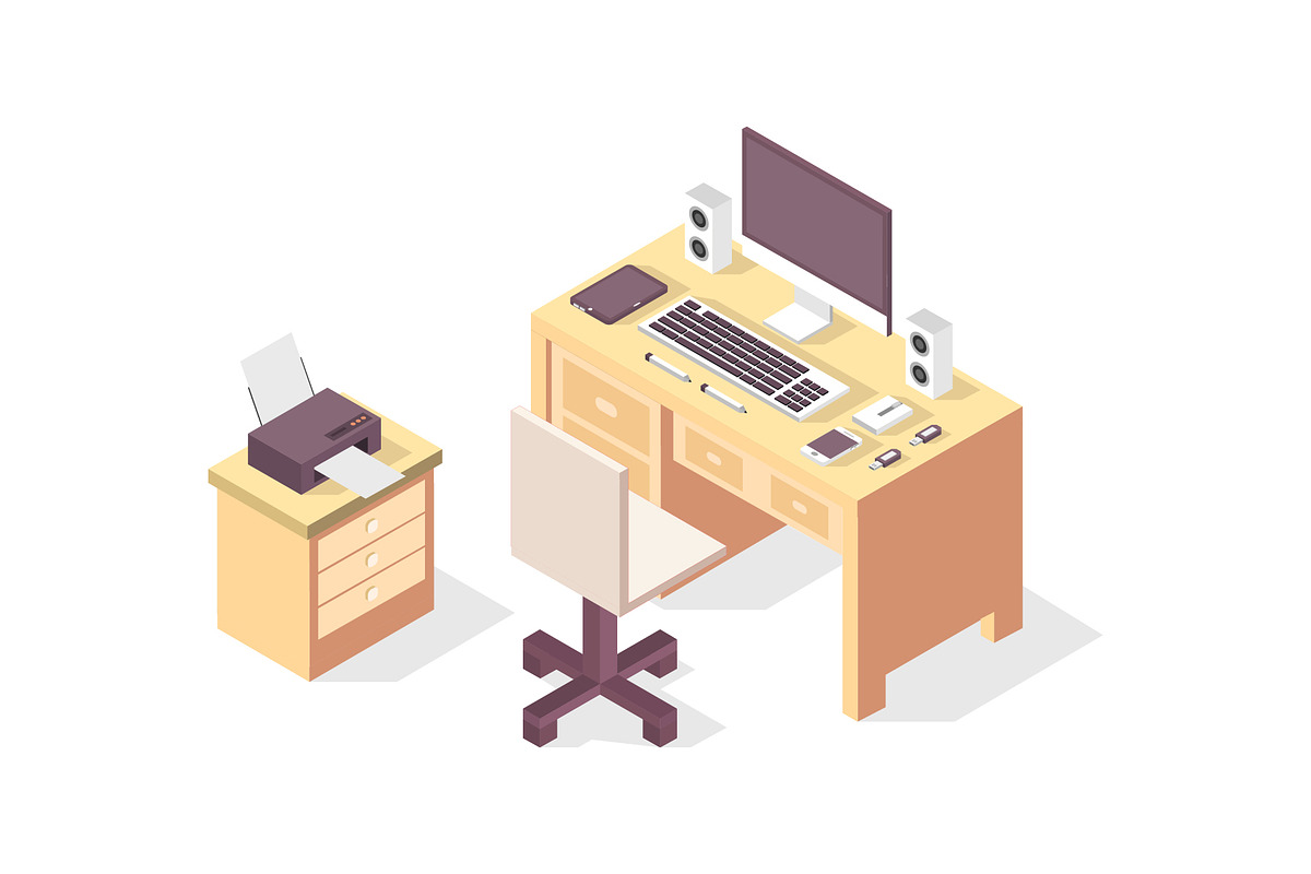 Isometric office desk, an Object Illustration by Mark1987