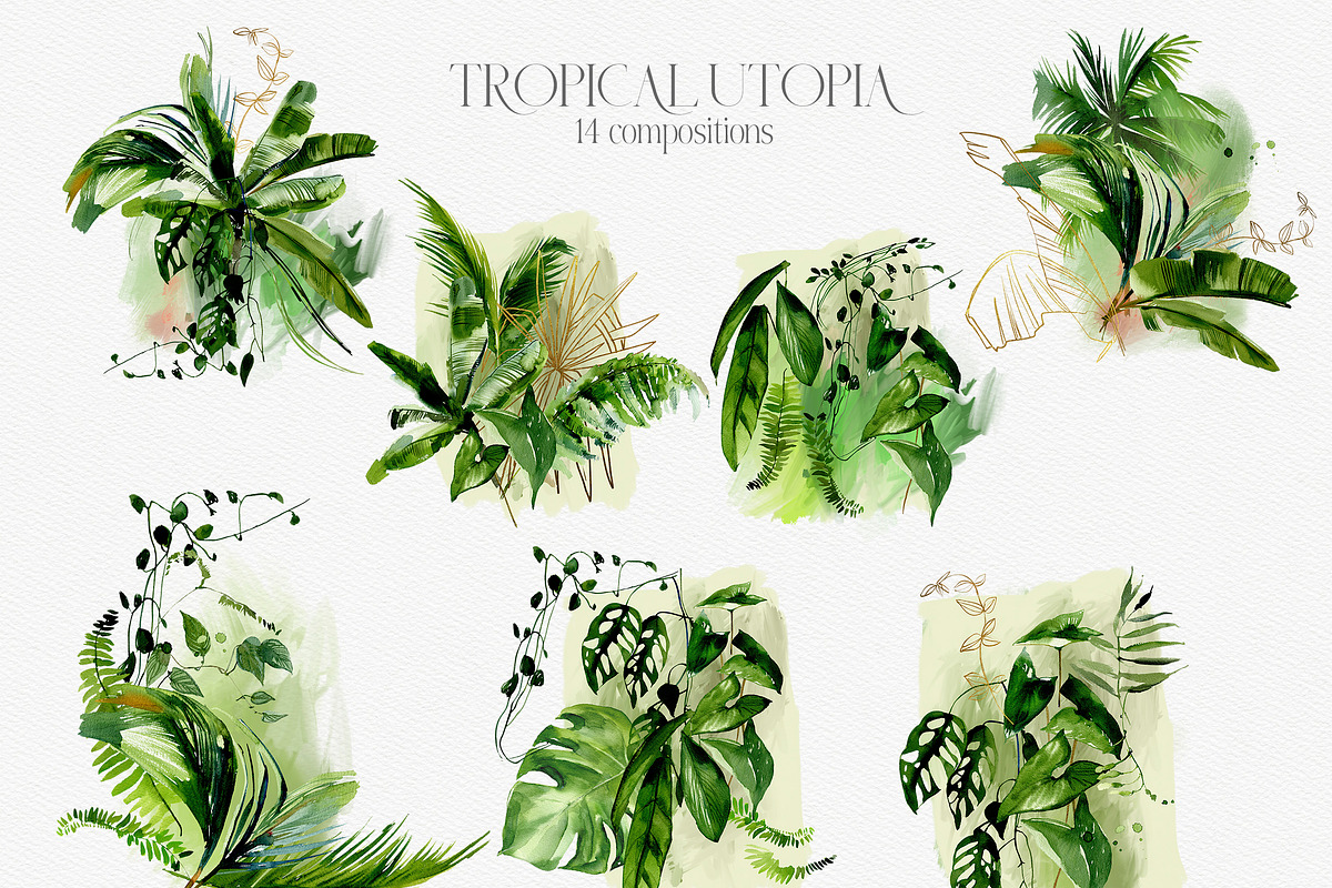 Tropical Greenery Watercolor Clipart, an Illustration by whiteheartdesign (Photo 6 of 22)
