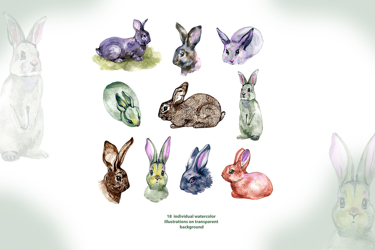 10 watercolor & ink bunnies clipart, an Animal Illustration by NataliMiasStore (Photo 2 of 5)