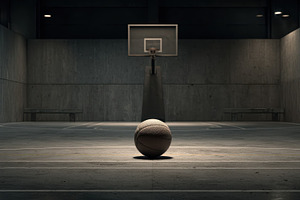 Basketball on empty indoor court nig, a Photo by Pixeness Studio