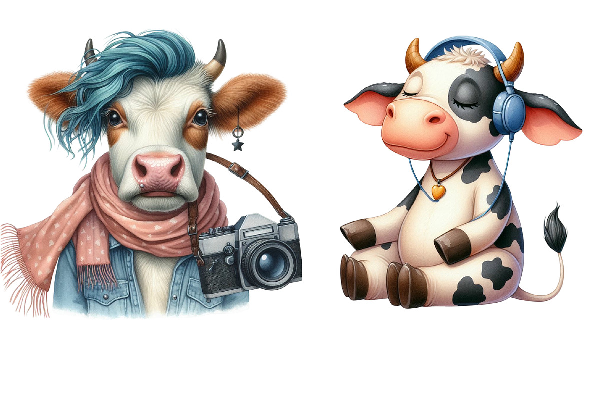 Funny Sketch Quirky Cows Clipart, an Illustration by Watercolor design (Photo 4 of 4)