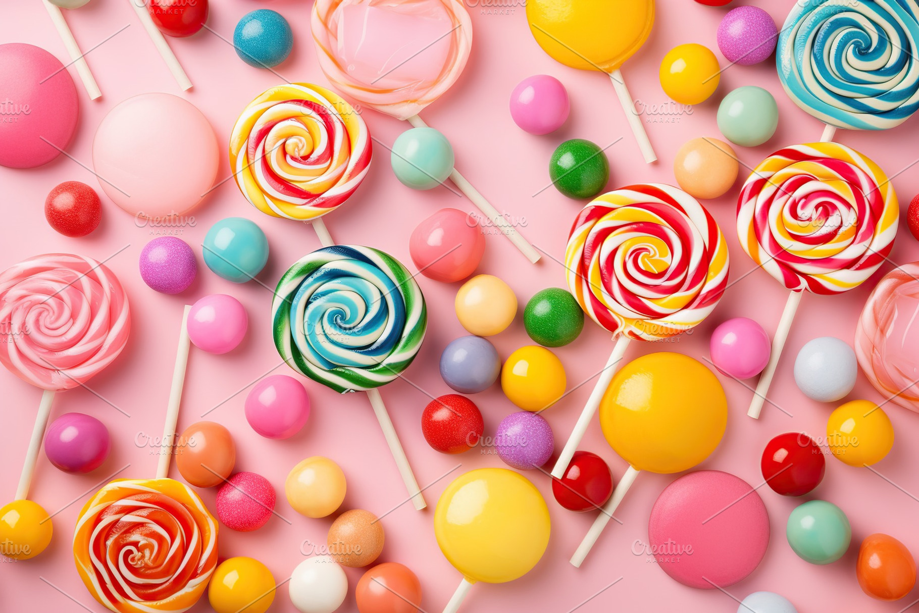 Colorful rainbow lollipops and candies on pink background, a Food & Drink Photo by AlyaAnd