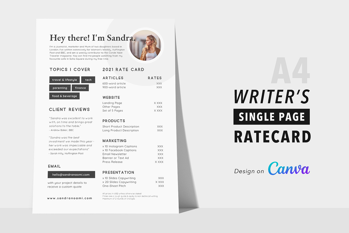 Writer's Single Page Rate Card Canva, a Resume Template by White Dreamers (Photo 1 of 4)