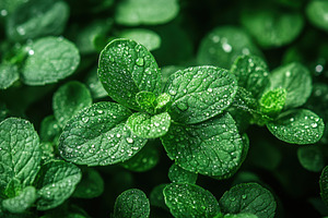 Fresh mint leaves glistening with wa, a Photo by Tanuart