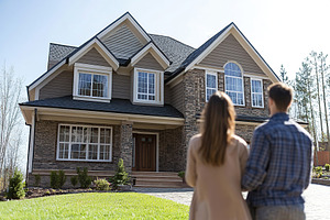 Couple admiring their potential new home on a sunny day in a suburban neighborh, a Person Photo by AlyaAnd