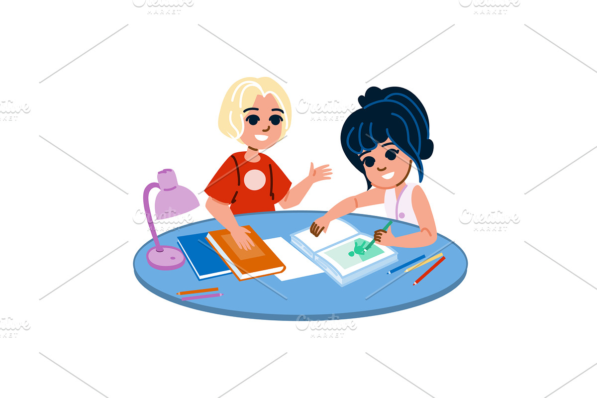 Two smiling school kids studying, an Object Illustration by pikepicture