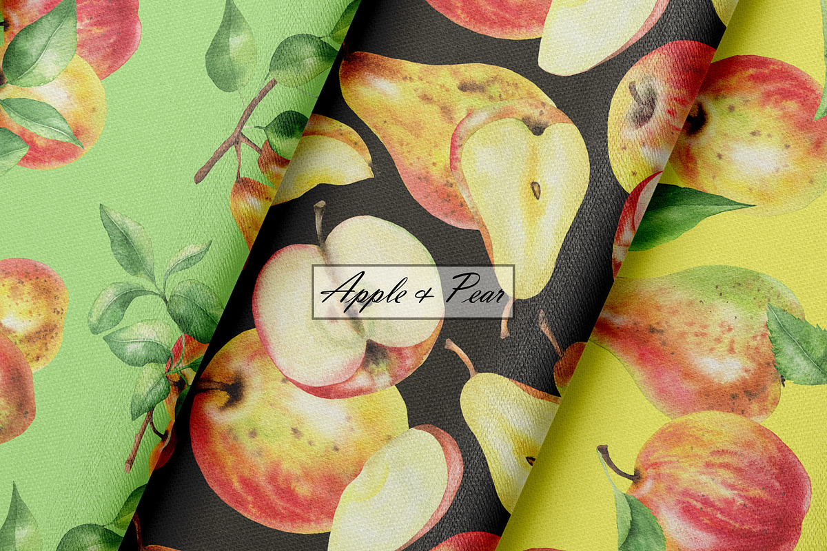 Watercolor Apple & Pear Patterns, a Food Illustration by OlDm_Shop (Photo 5 of 10)