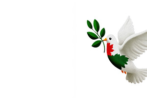 White dove flying with olive branch in beak featuring red green, an Animal Photo by José Manuel Gelpi