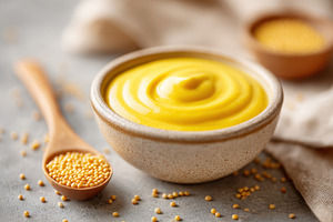 Bowl of smooth yellow mustard, a Food & Drink Photo by AlyaAnd