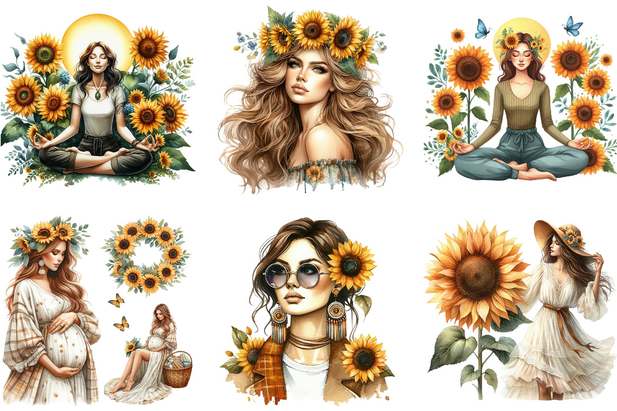 Watercolor Sunflower Woman Clipart, an Illustration by DreamArtGraphic (Photo 3 of 4)