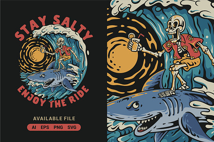 Skeleton Surfing on Shark Vector, an Illustration by ImoogiStudio
