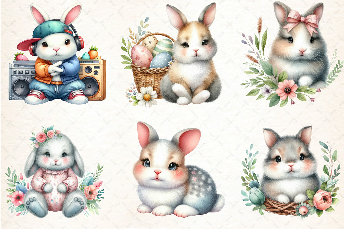 Watercolor Cute Bunny Clipart Set, an Illustration by DreamCafeArt (Photo 2 of 7)
