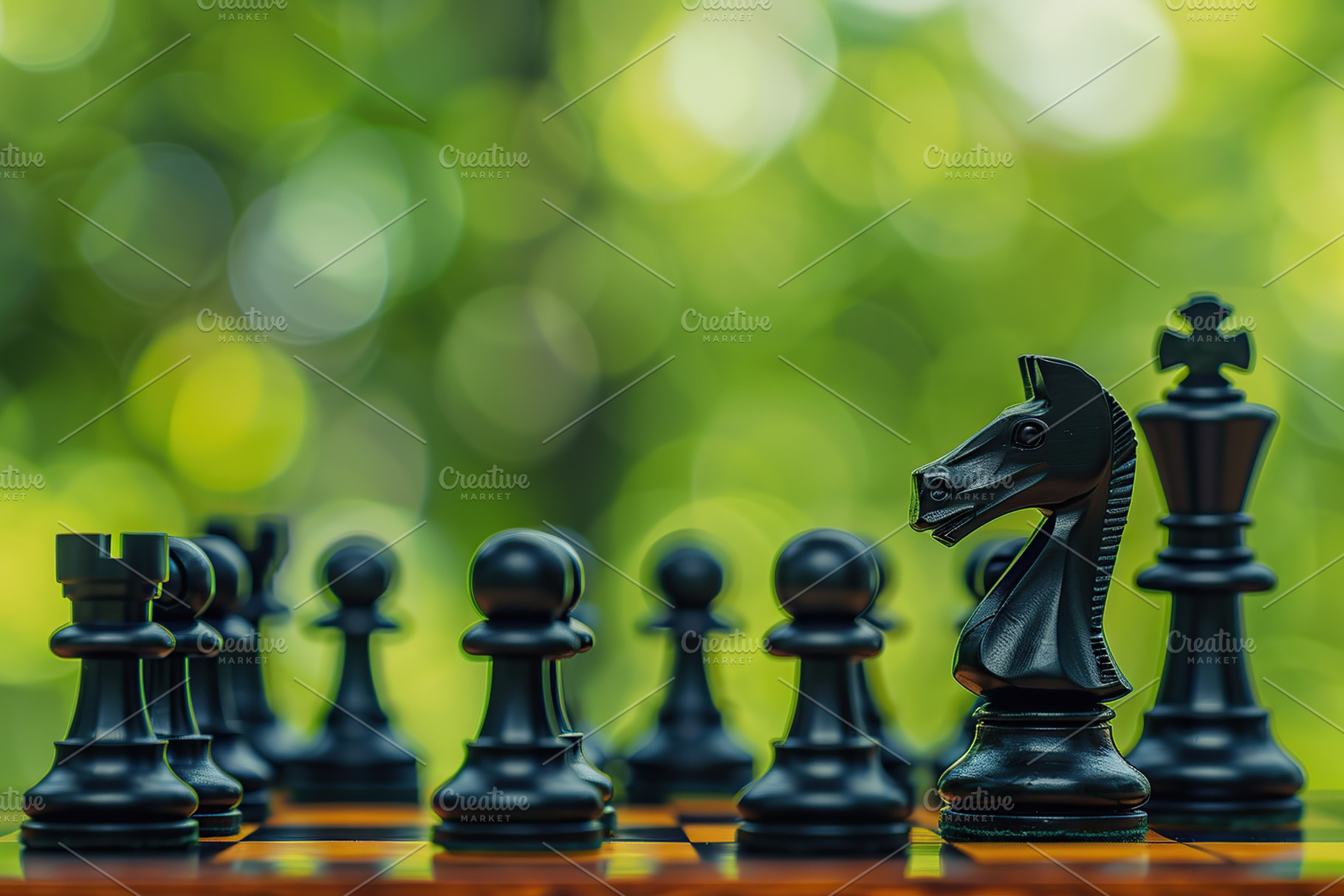 Chess pieces on chessboard on blurred green background, a Sports & Recreation Photo by AlyaAnd
