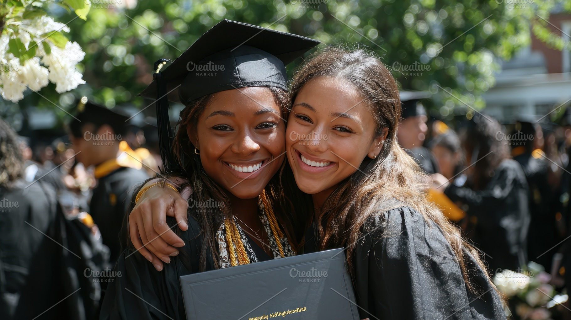 Happy graduates embrace at graduatio, a Photo by Pixeness Studio