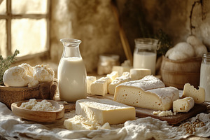 A rustic display of various dairy products including a glass bottle of milk, di, a Person Photo by Textures & Backgrounds