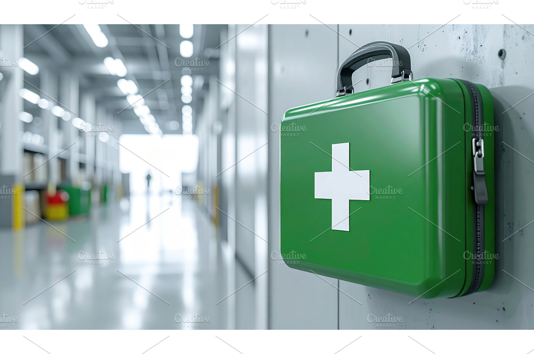 Green first aid kit mounted on wall, a Health & Medical Photo by Igor Tichonow